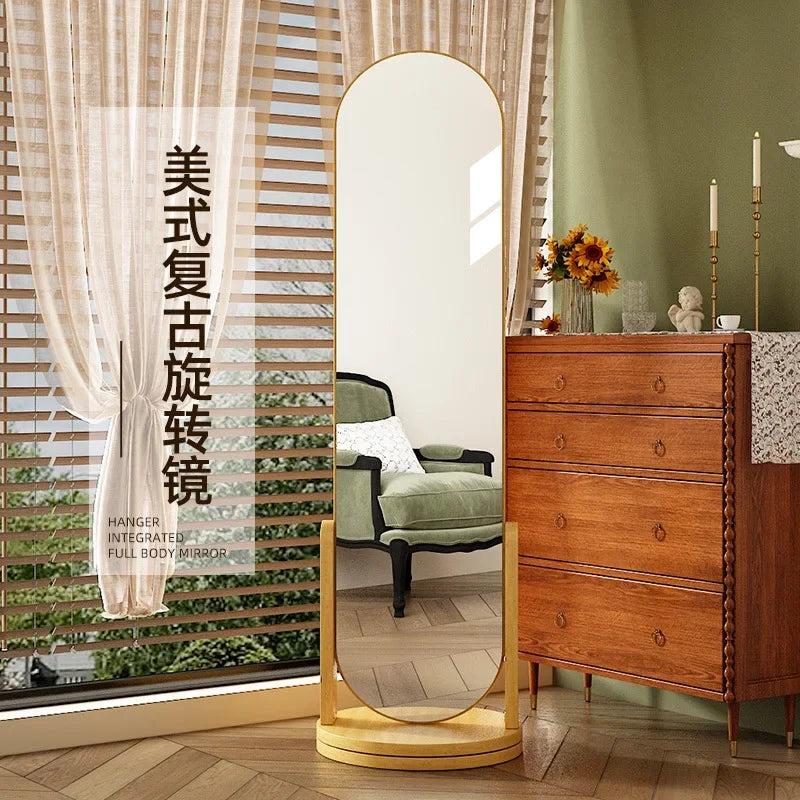Retro espelho de corpo inteiro espelho de comprimento total cabide de chão multifuncional tridimensional rotativo integrado