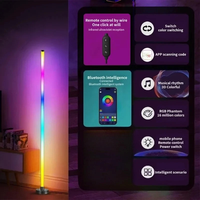 Luminária de Piso LED Inteligente RGB com Controle Remoto e APP, Sincronização Musical, Iluminação de Canto, Temporizador, Luminária Moderna para Sala de Estar e Jogos