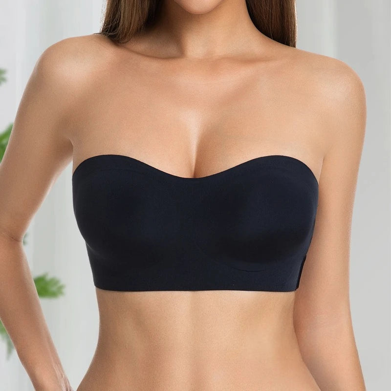 Sexy sem alças push up sutiã removível acolchoado sem costura gelo seda topo feminino beleza invisível volta anti-deslizamento fora do ombro sutiã