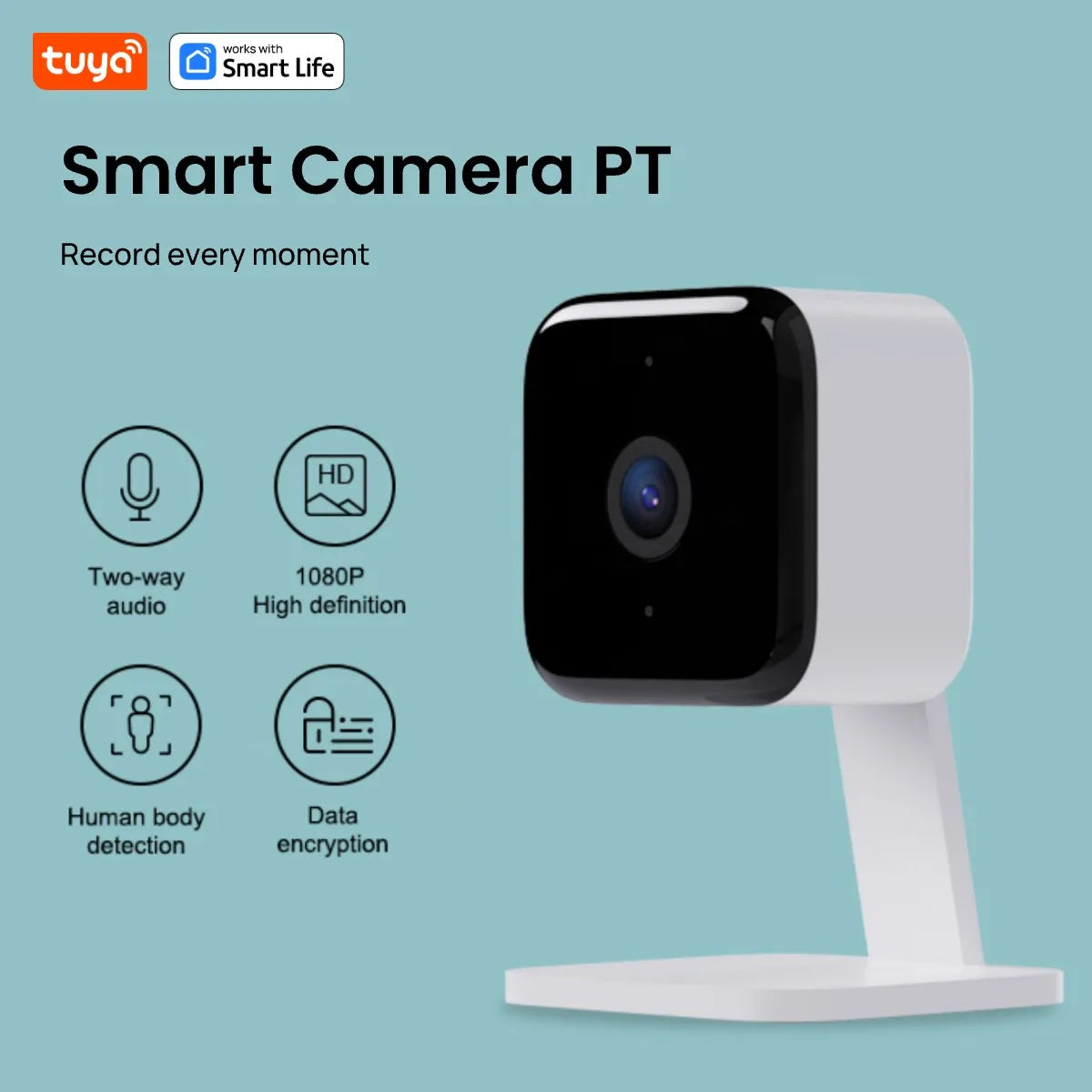 Tuya Smart 1080p Wi-Fi Câmera de segurança doméstica inteligente 2MP, HD, alertas de aplicativo em tempo real, áudio bidirecional, com rastreamento de movimento para bebês e animais de estimação