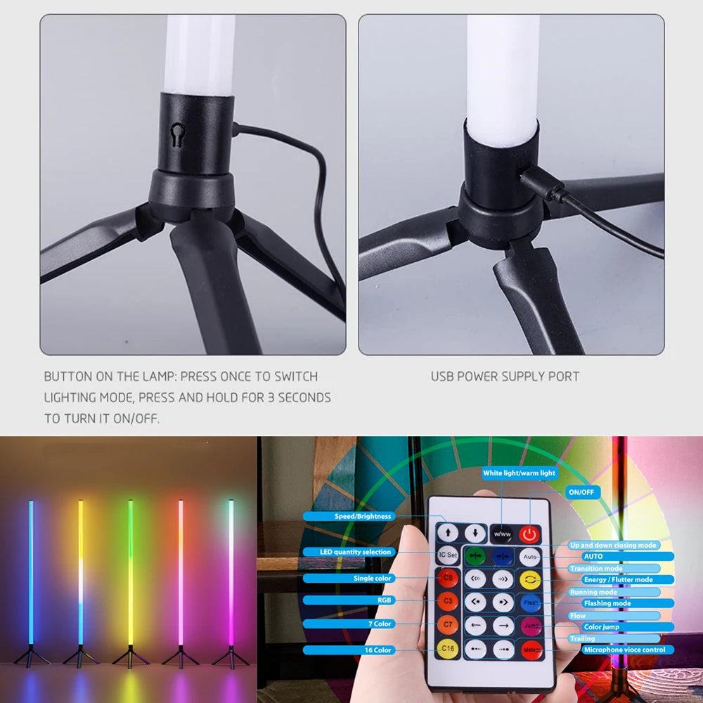 Inteligente rgb cct conduziu a lâmpada de assoalho 103cm 360 tubo redondo 5v alimentado por usb 24key bluetooth app controle remoto para jogos pc tv decoração