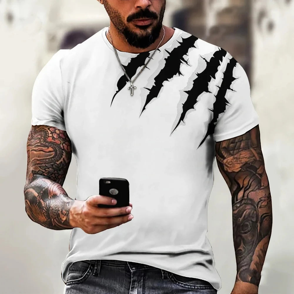 Camiseta masculina na moda novo design preto e branco cor arte 3d impresso oversized em torno do pescoço topos solto casual estilo simples t camisa