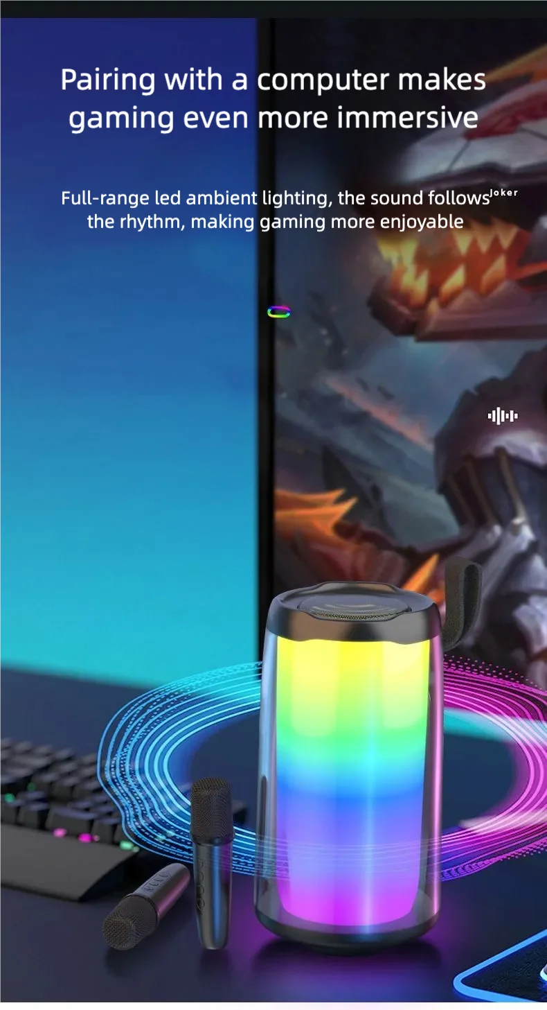 Máquina de karaokê portátil, alto-falante Bluetooth para festa com 2 microfones de karaokê, modos de luz RGB, 5 efeitos vocais, USB/AUX/TF