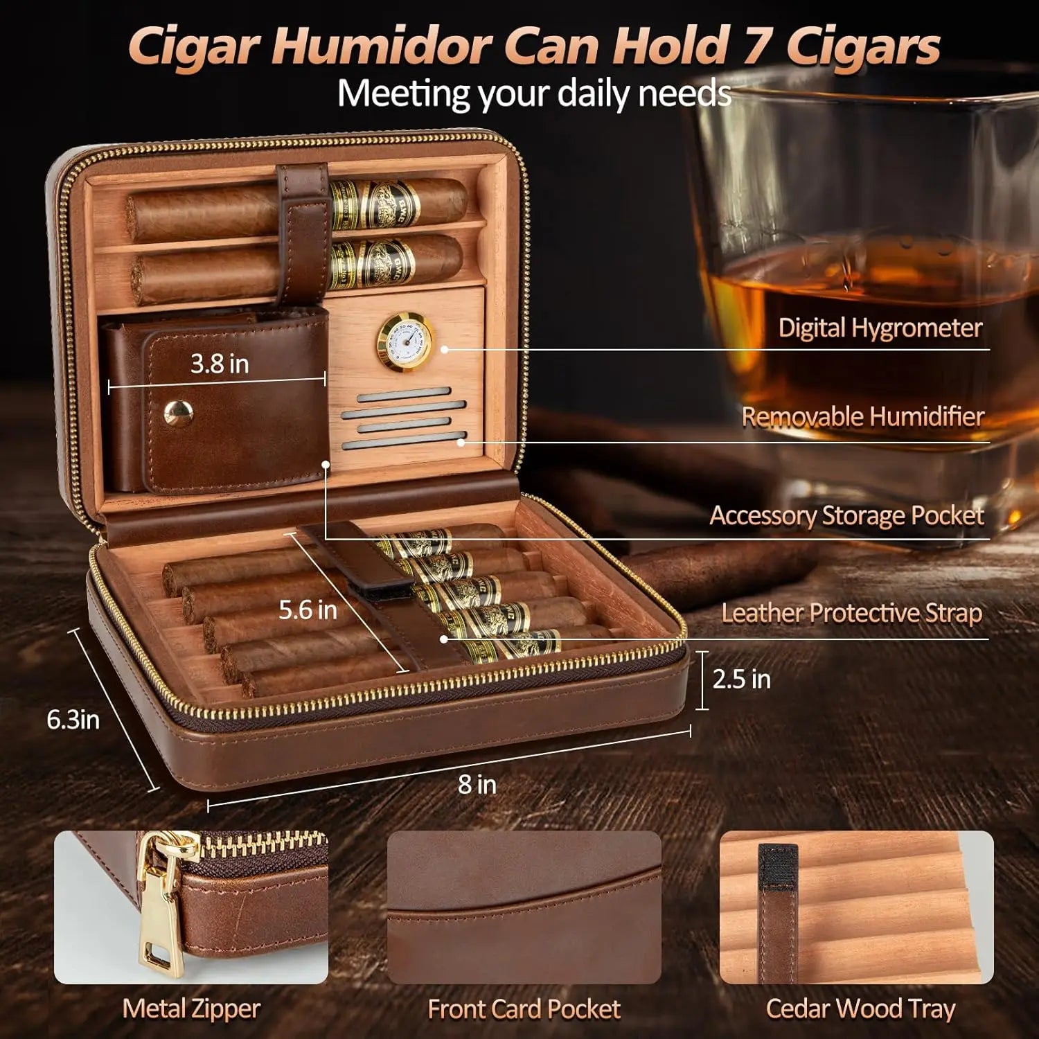 Humidor de charutos de couro com isqueiro, cortador de charutos reto embutido e perfurador de charutos, umidificador e bandeja de cedro