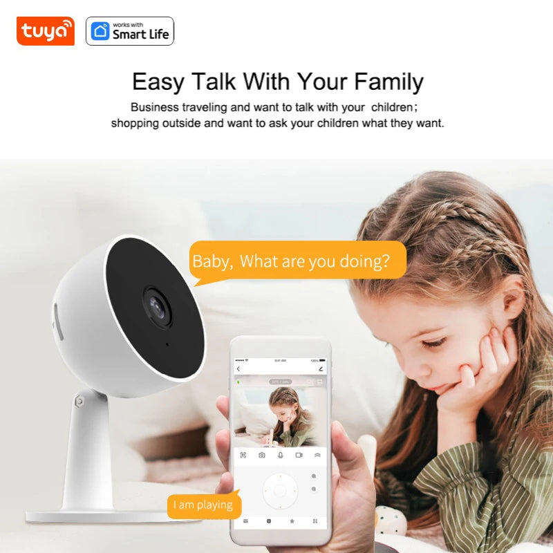 Tuya Smart 1080p Wi-Fi Câmera de segurança doméstica inteligente 2MP, HD, alertas de aplicativo em tempo real, áudio bidirecional, com rastreamento de movimento para bebês e animais de estimação