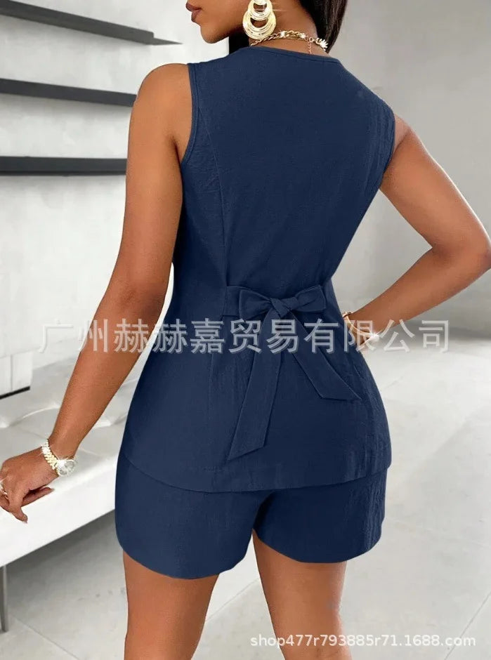 2025 verão algodão linho shorts define feminino 2 peças elegante cor sólida com decote em v magro topos senhora do escritório chique rendas shorts ternos