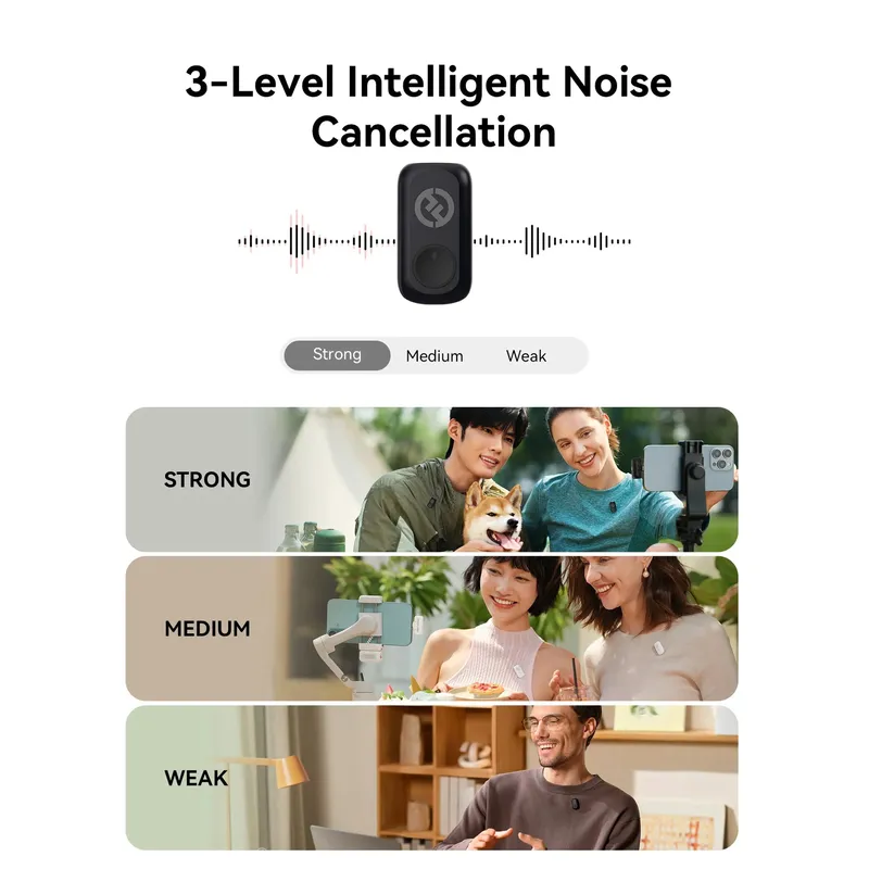 Hollyland LARK A1 wireless microphone system demonstrating 3-level intelligent noise cancellation with people using white lavalier mics for vlogging.