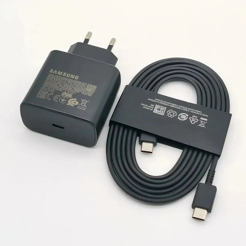 Black Samsung 45W Super Fast Charge EU wall charger and a coiled 1.8M Type-C to Type-C cable for Galaxy phones.