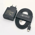 Black Samsung 45W Super Fast Charge EU wall charger and a coiled 1.8M Type-C to Type-C cable for Galaxy phones.