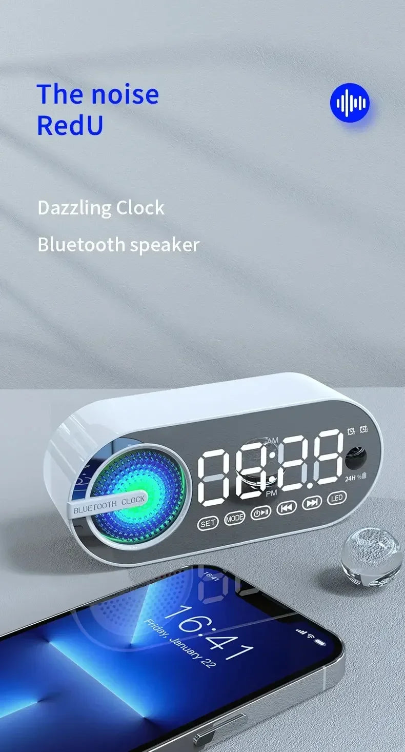 Silencioso sem fio bluetooth alto-falante despertador rgb tws usb led espelho relógio digital fm grande display sala de estar decoração do escritório