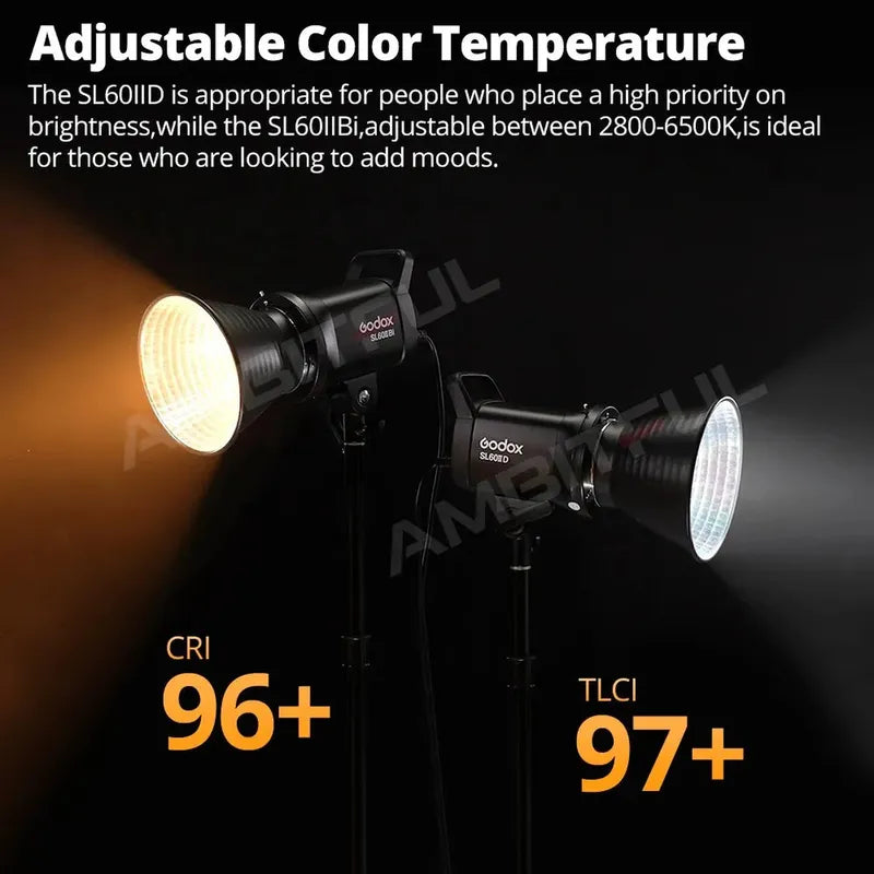 Black Godox SL60IIBi LED video lights on stands, one showing warm 2800K light, the other cool 6500K. High CRI 96+, TLCI