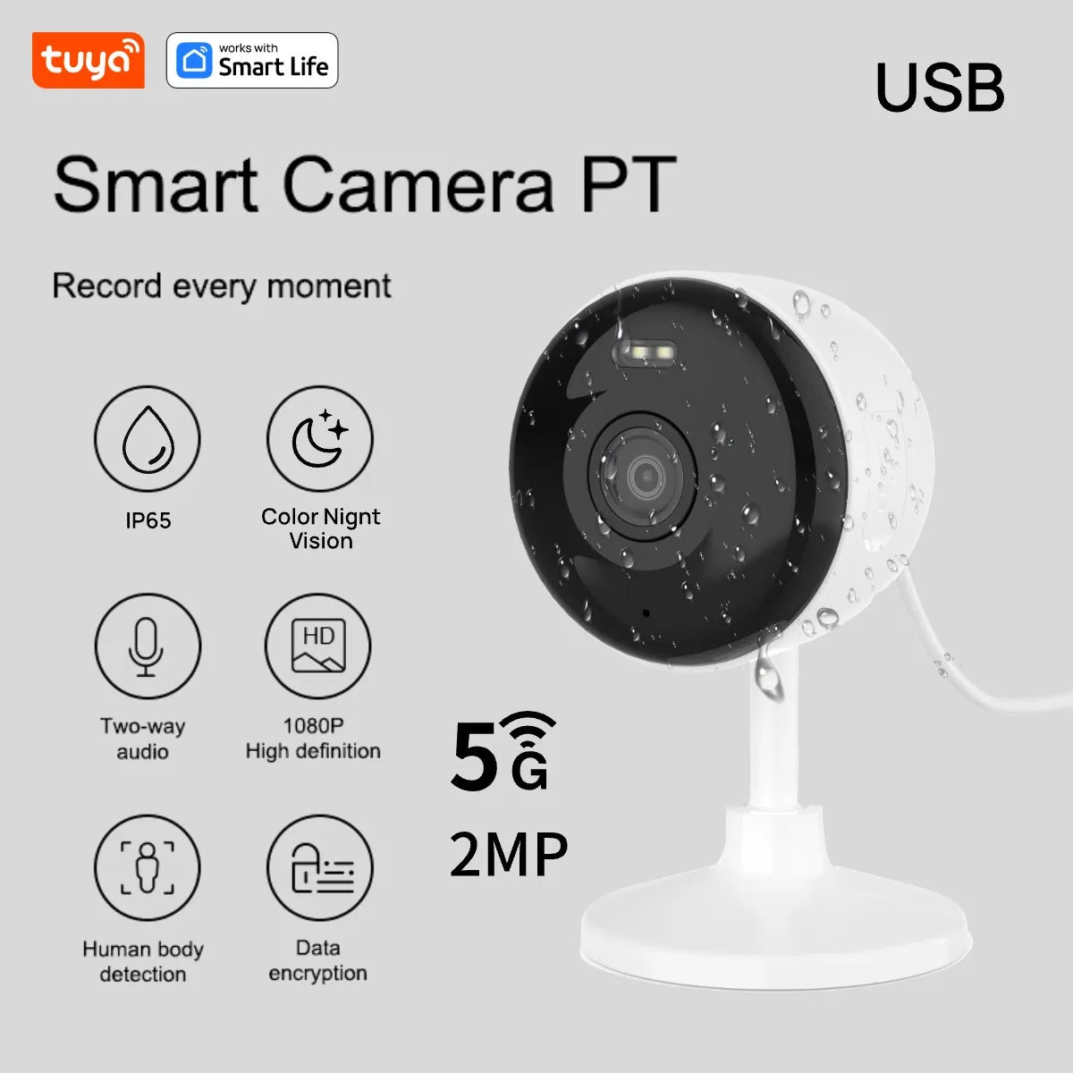 Tuya Smart 1080p Wi-Fi Câmera de segurança doméstica inteligente 2MP, HD, alertas de aplicativo em tempo real, áudio bidirecional, com rastreamento de movimento para bebês e animais de estimação