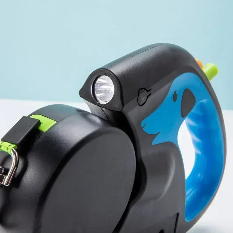 Trela rotativa de nylon para animais de estimação, 3m, para 2 cães, corda dupla ajustável, com lanterna, saco de cocô, caixa, corda de tração para animais de estimação, retrátil