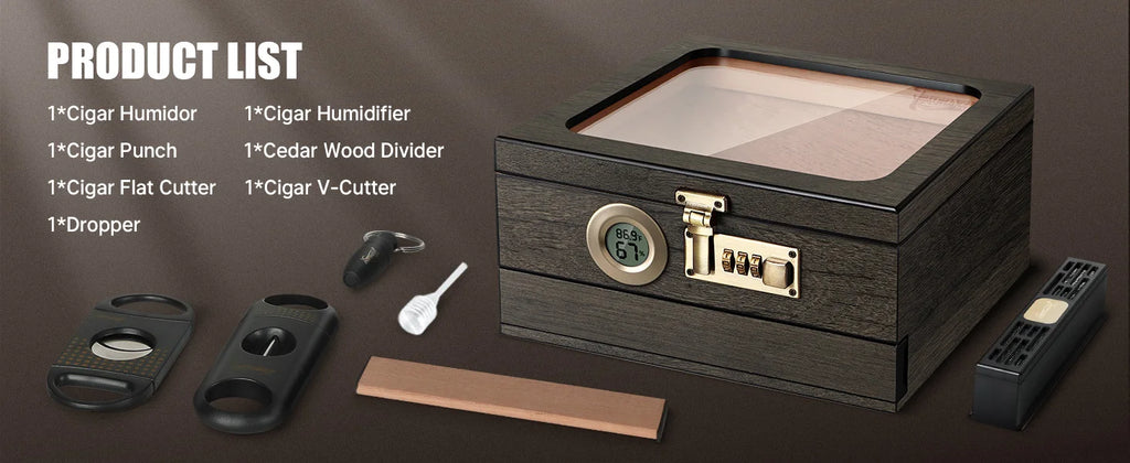 Humidor de charutos, caixa de mesa superior de vidro com termo-higrômetro digital, umidificador, divisor, gaveta de acessórios e fechadura de combinação