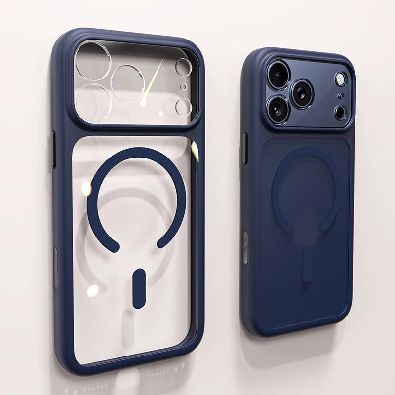 Negócios magnéticos simplicidade à prova de choque laranja pára-choques botão da câmera caso para iphone 17 pro max lente clara pc capa para magsafe