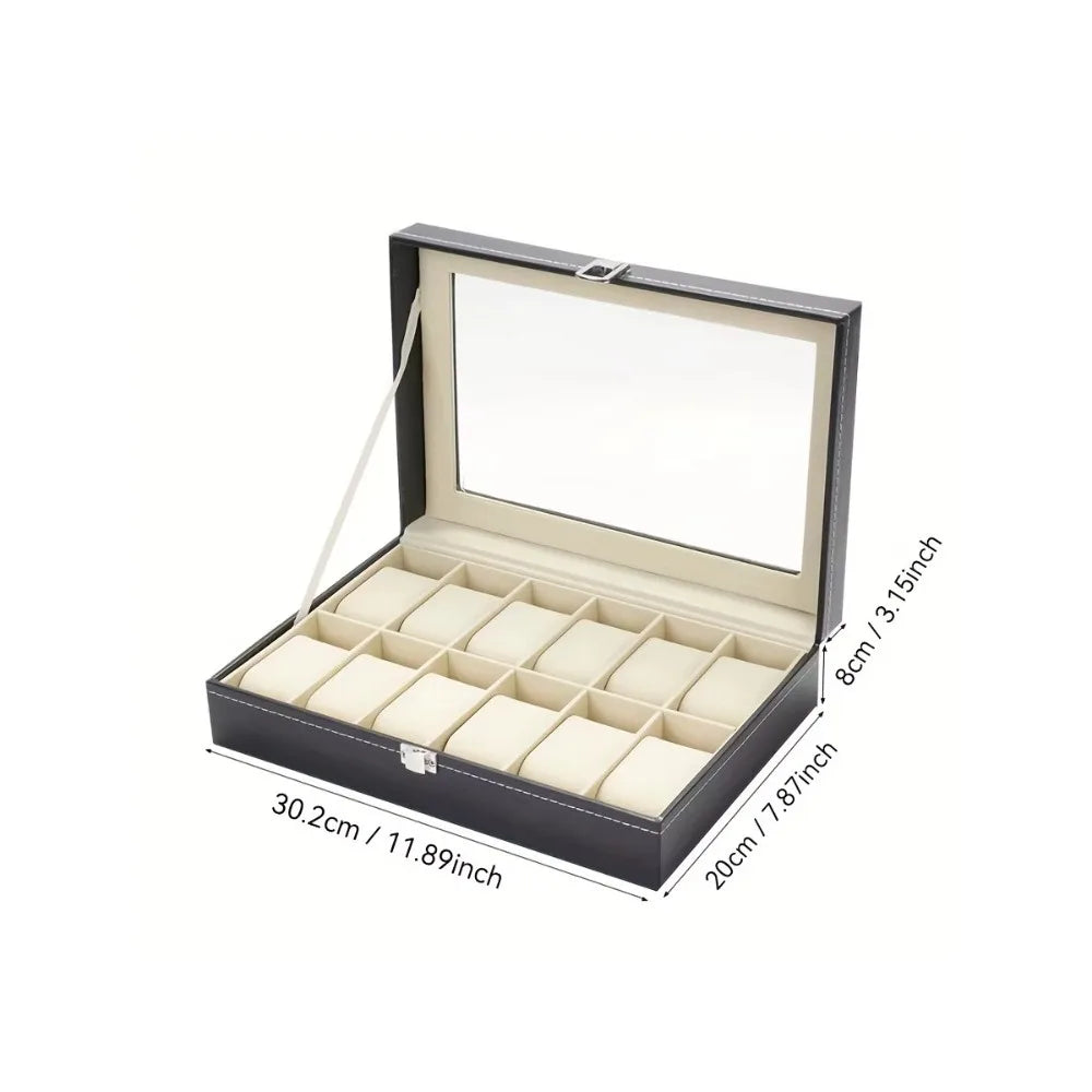 Organizador de relógio com 12 slots com fechadura e almofadas removíveis |   Estojo de armazenamento de couro sintético para presentes de viagem masculinos