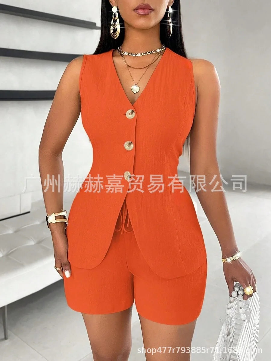 2025 verão algodão linho shorts define feminino 2 peças elegante cor sólida com decote em v magro topos senhora do escritório chique rendas shorts ternos