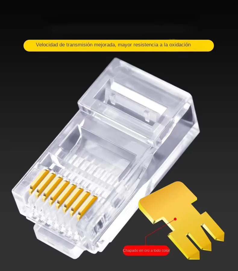100 peças conector rj45 cat6 passagem através dos conectores cristal final banhado a ouro 8p8c crimpagem utp padrão rede ethernet plugue modular