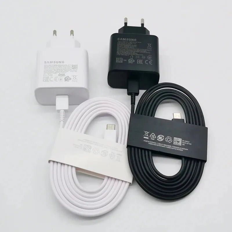 White and black Samsung 45W EU Super Fast Chargers with matching 1.8M coiled Type-C cables.
