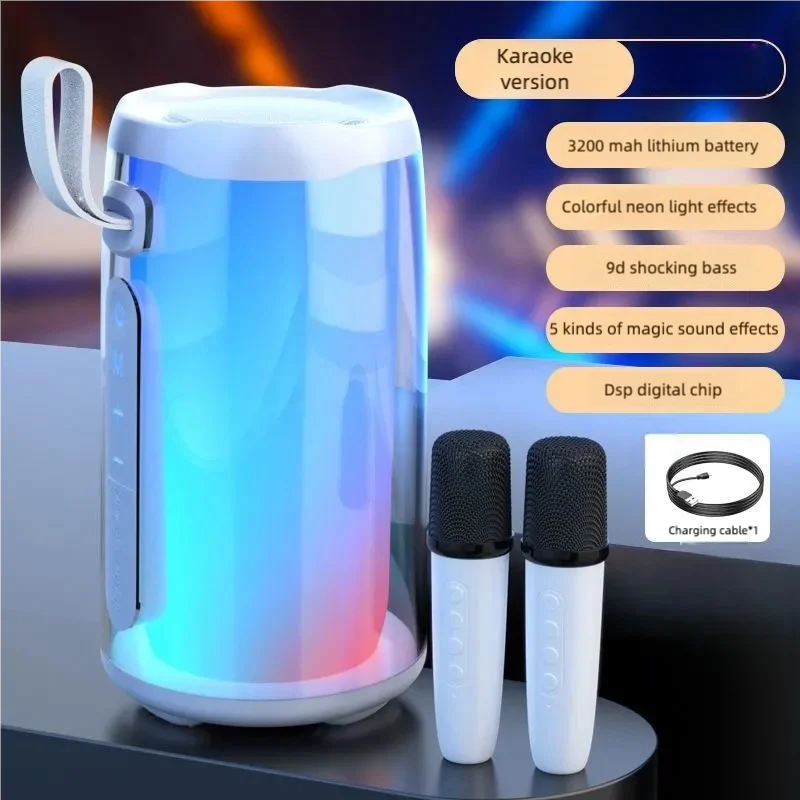 Máquina de karaokê portátil, alto-falante Bluetooth para festa com 2 microfones de karaokê, modos de luz RGB, 5 efeitos vocais, USB/AUX/TF