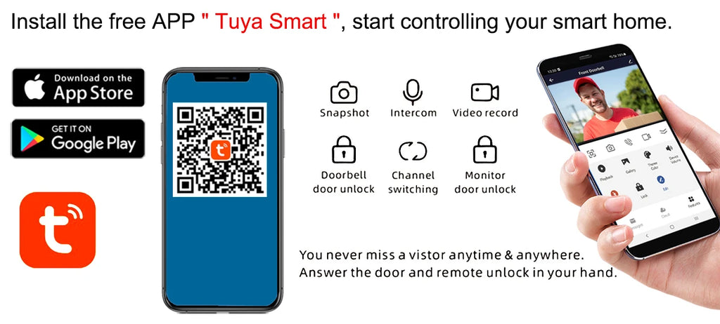 Sistema de intercomunicação de vídeo wi-fi sem fio, campainha de vídeo inteligente 1080p para casa, tela sensível ao toque, cartão 32g, áudio bidirecional, aplicativo tuya, desbloqueio de 4 fios