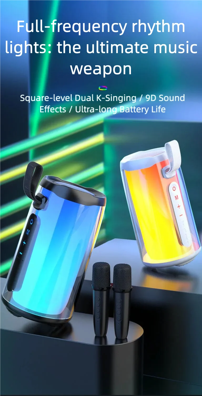 Máquina de karaokê portátil, alto-falante Bluetooth para festa com 2 microfones de karaokê, modos de luz RGB, 5 efeitos vocais, USB/AUX/TF