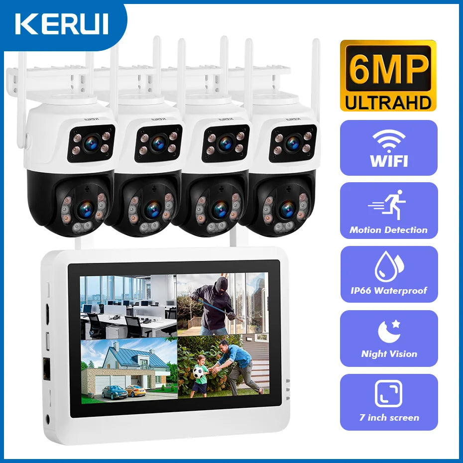 Kerui sem fio 6mp lente dupla wifi câmera ip 8ch nvr tela lcd de 7 polegadas gravador de vídeo sistema de câmera de segurança em casa vigilância