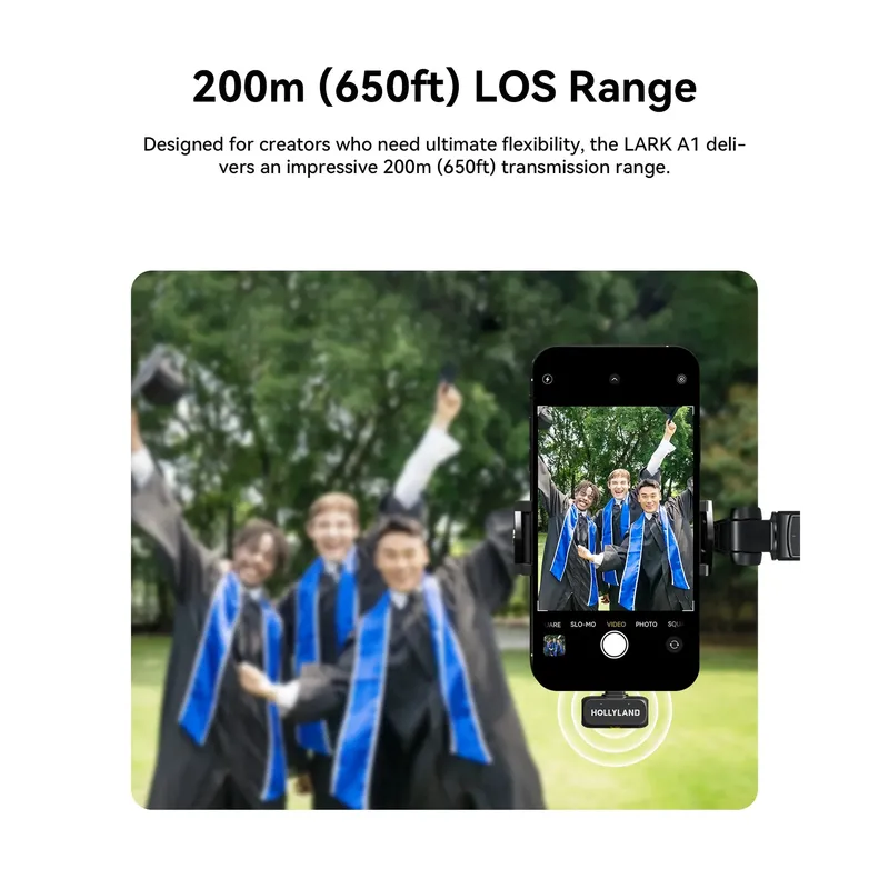 Black smartphone mounted on a rig, displaying a photo of graduates. A white Hollyland LARK A1 wireless microphone module is attached, ready for vlogging.