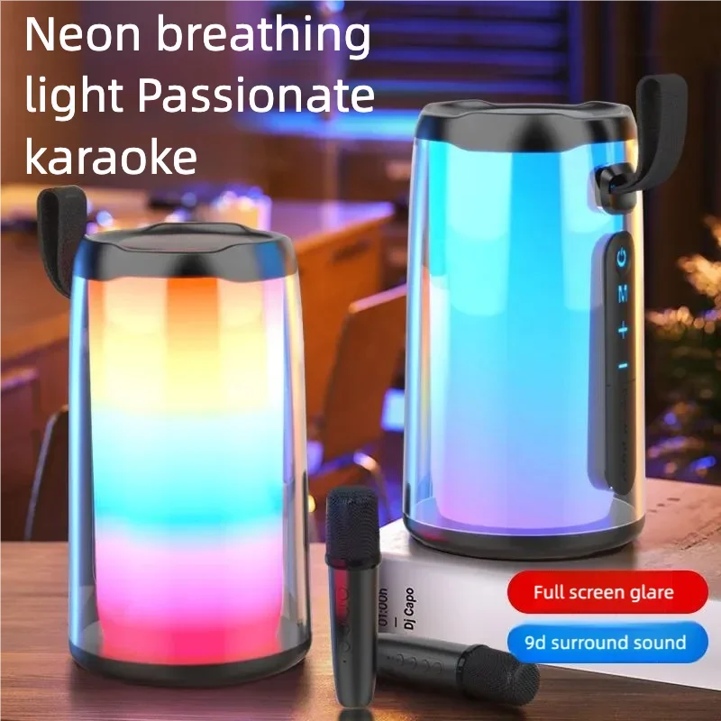 Máquina de karaokê portátil, alto-falante Bluetooth para festa com 2 microfones de karaokê, modos de luz RGB, 5 efeitos vocais, USB/AUX/TF