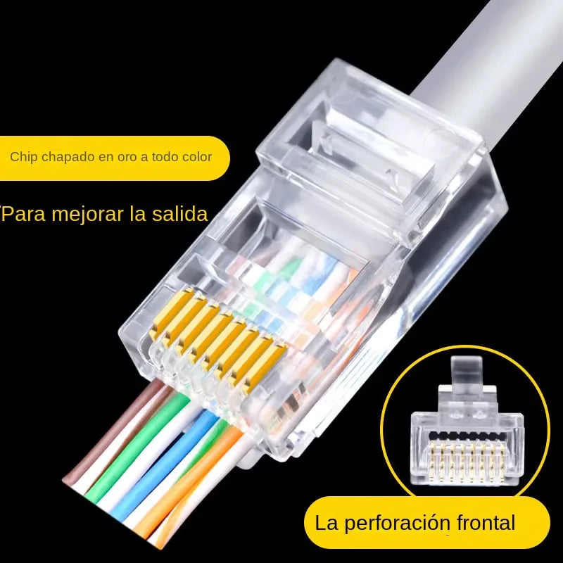 100 peças conector rj45 cat6 passagem através dos conectores cristal final banhado a ouro 8p8c crimpagem utp padrão rede ethernet plugue modular