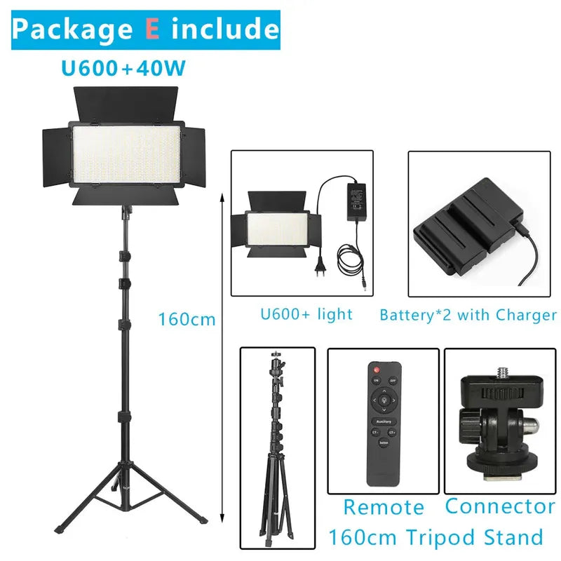 Black bi-color LED video light panel with barn doors, 160cm tripod stand, remote, batteries, and charger.