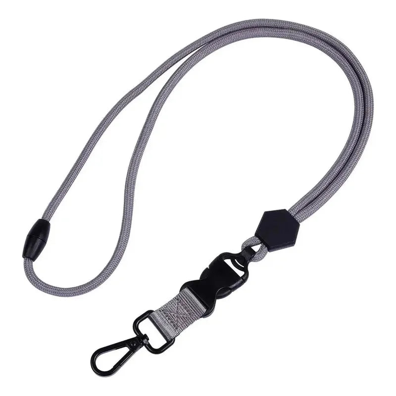 Heavy-duty gray braided lanyard with black quick-release buckle, safety breakaway clasp, and metal clip.