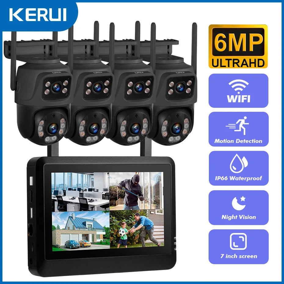 Kerui sem fio 6mp lente dupla wifi câmera ip 8ch nvr tela lcd de 7 polegadas gravador de vídeo sistema de câmera de segurança em casa vigilância