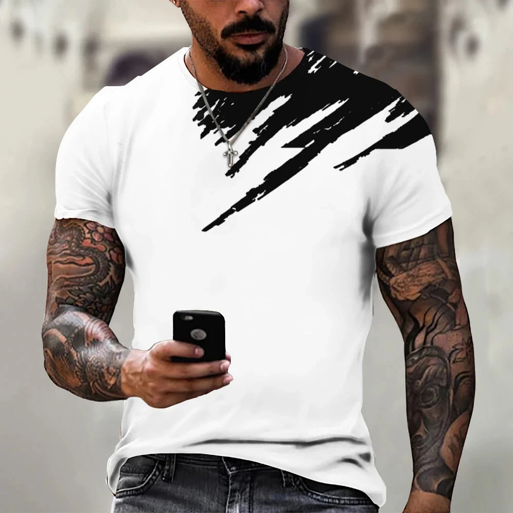 Camiseta masculina na moda novo design preto e branco cor arte 3d impresso oversized em torno do pescoço topos solto casual estilo simples t camisa