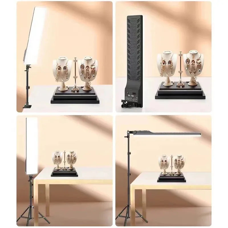 Black rectangular LED video light with dimmable continuous output on an adjustable long arm tripod stand, illuminating jewelry.