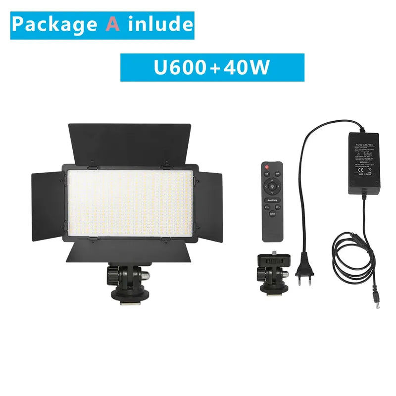 Nagnahz U600+ 40W bi-color LED video light panel with barn doors, remote, and power adapter.