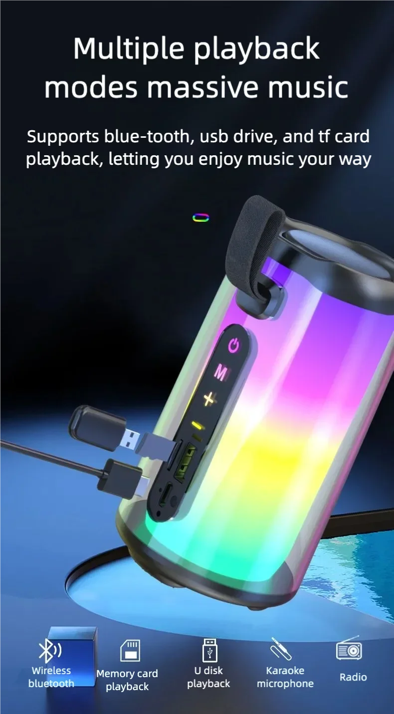 Máquina de karaokê portátil, alto-falante Bluetooth para festa com 2 microfones de karaokê, modos de luz RGB, 5 efeitos vocais, USB/AUX/TF