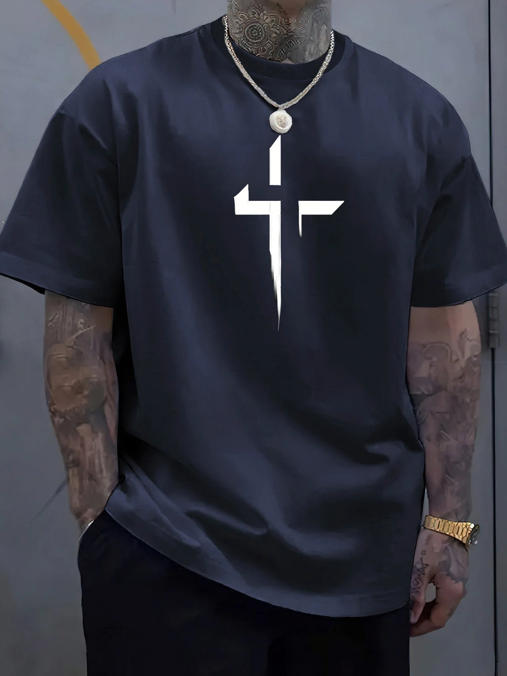 Verão masculino 100% algodão puro casual solto plus size cruz criativo impresso esportes confortável em torno do pescoço manga curta camiseta