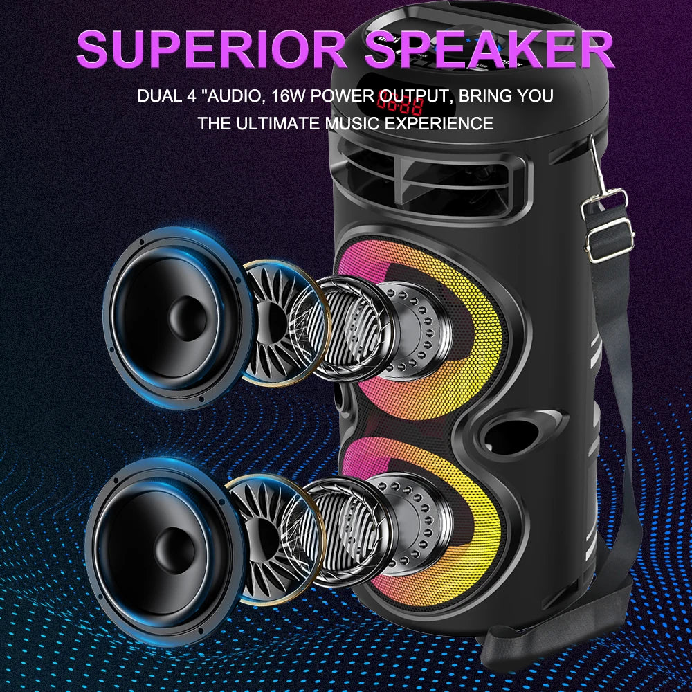 Zqs42106 portátil duplo alto-falante bluetooth de 4 polegadas carregamento sem fio de longo alcance bt/usb/tf/aux/microfone/fm/matrômokê colorido ao ar livre