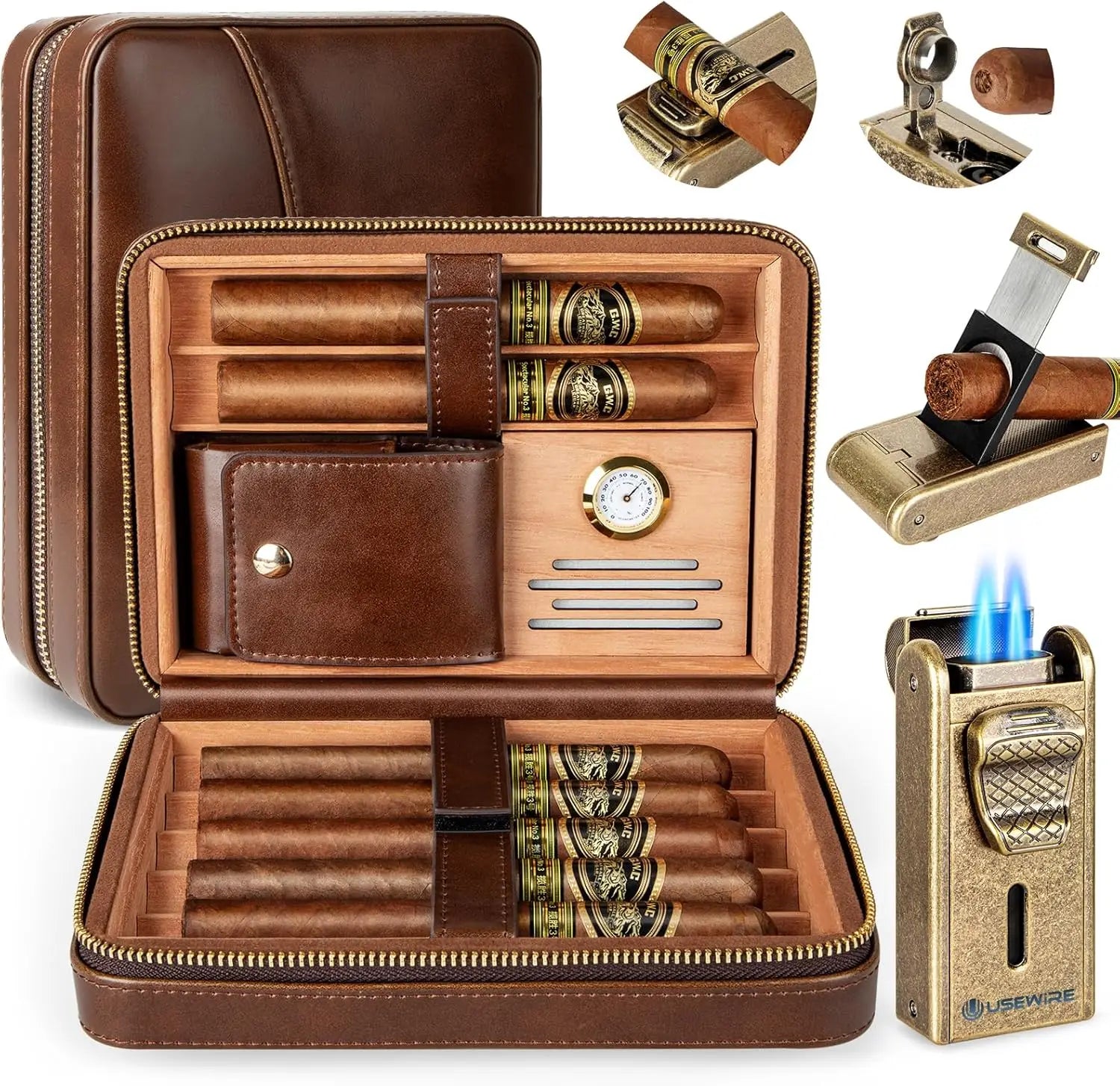 Humidor de charutos de couro com isqueiro, cortador de charutos reto embutido e perfurador de charutos, umidificador e bandeja de cedro