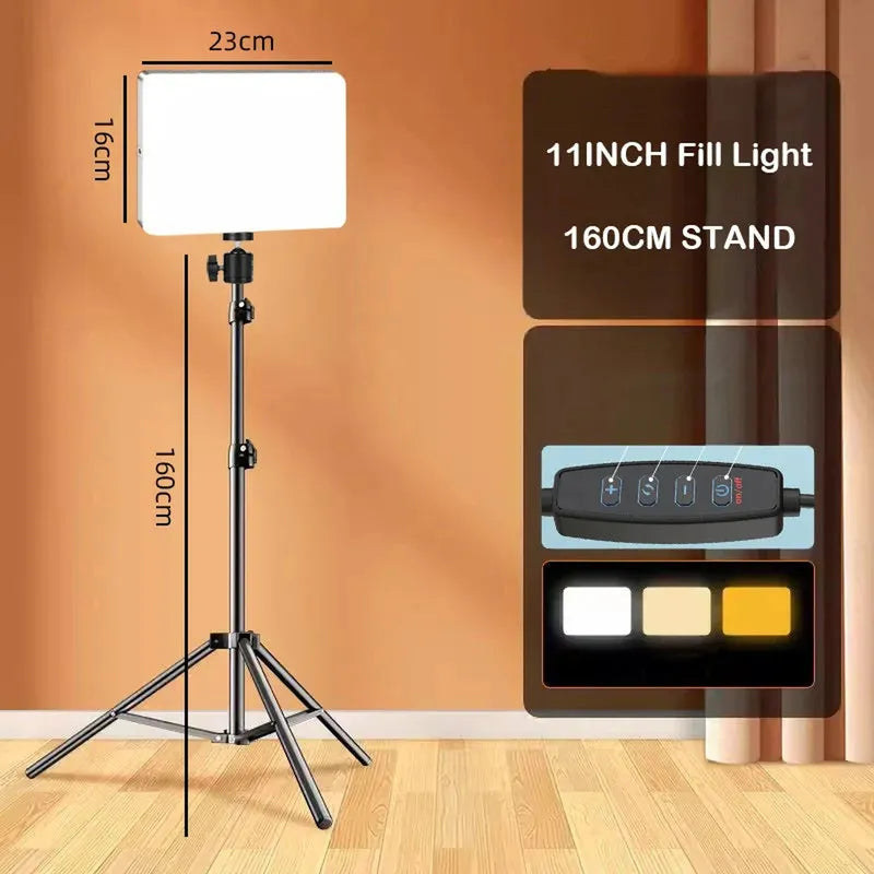Dimmable rectangular LED video light (23x16cm) on a 160cm black tripod stand, with bi-color temperature options.