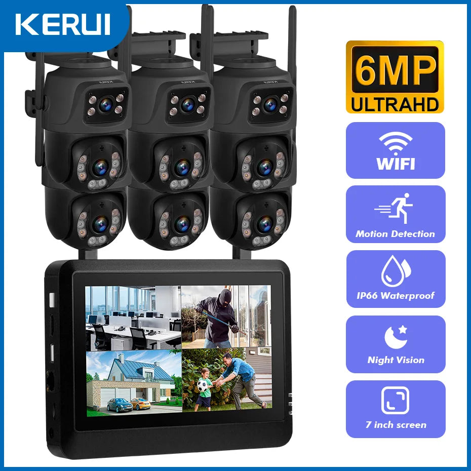 Kerui sem fio 6mp lente dupla wifi câmera ip 8ch nvr tela lcd de 7 polegadas gravador de vídeo sistema de câmera de segurança em casa vigilância