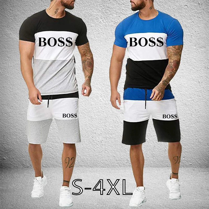 Um novo design de verão masculino em torno do pescoço shorts de manga curta e conjunto casual de roupas esportivas de fitness ao ar livre