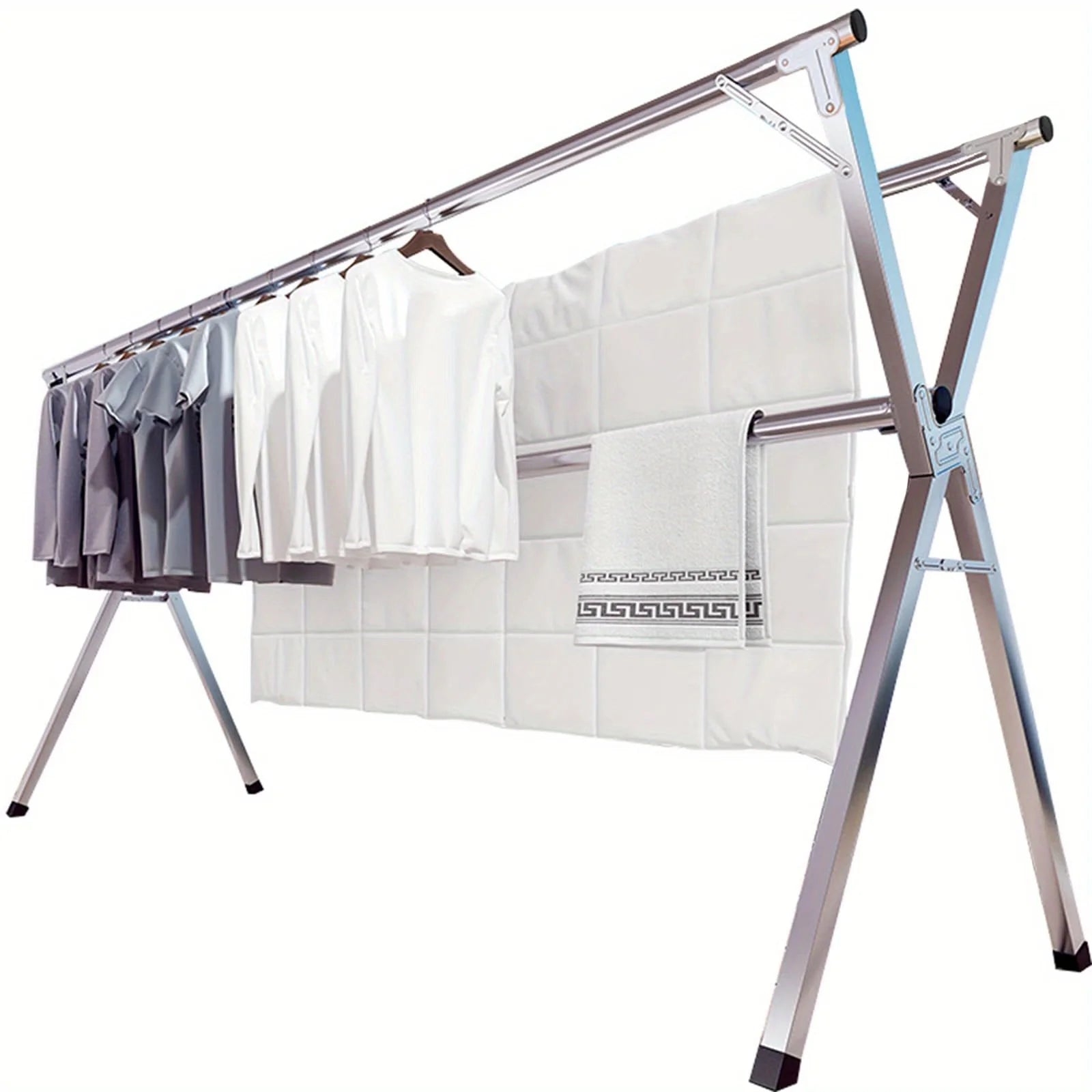 Rack de secagem dobrável em forma de X de aço inoxidável, rack de roupas universal interno e externo, roupas de secagem e colchas, organizador de armazenamento