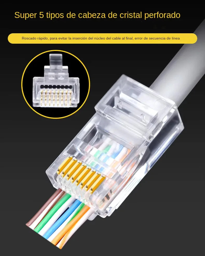 100 peças conector rj45 cat6 passagem através dos conectores cristal final banhado a ouro 8p8c crimpagem utp padrão rede ethernet plugue modular