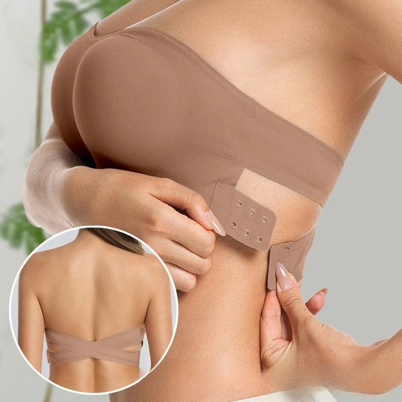 Sexy sem alças push up sutiã removível acolchoado sem costura gelo seda topo feminino beleza invisível volta anti-deslizamento fora do ombro sutiã
