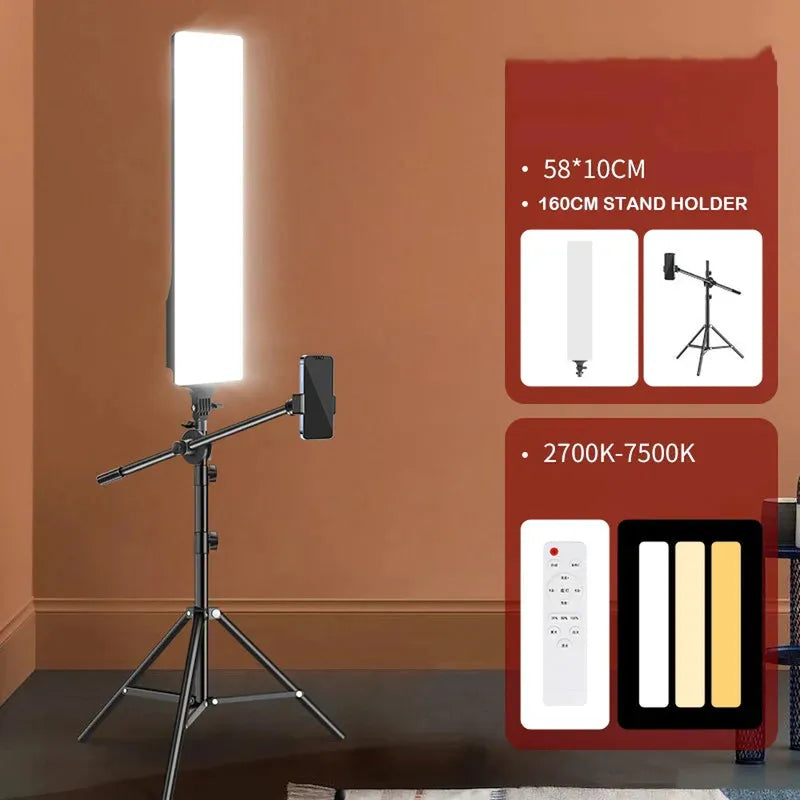 Bright rectangular LED video light on a black long arm tripod stand with a phone holder, perfect for continuous photography.