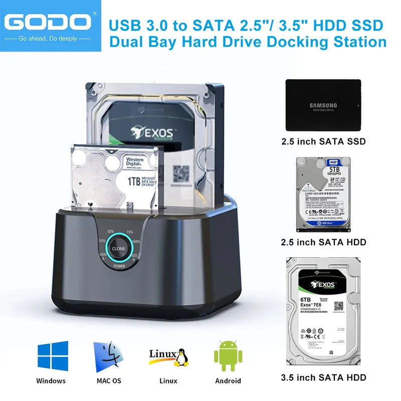 GODO Dual Bay USB 3.0 Hard Drive Docking Station for SATA 2.5 / 3.5 Inch HDDs/SSDs with LED Indicator - Hard Drive Dock