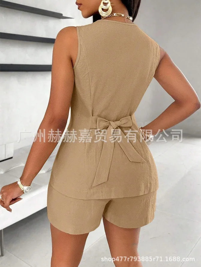 2025 verão algodão linho shorts define feminino 2 peças elegante cor sólida com decote em v magro topos senhora do escritório chique rendas shorts ternos