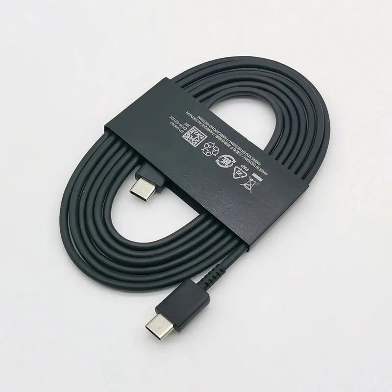 Black Samsung 1.8M Type-C to Type-C super fast charge cable, neatly coiled with a black product band.
